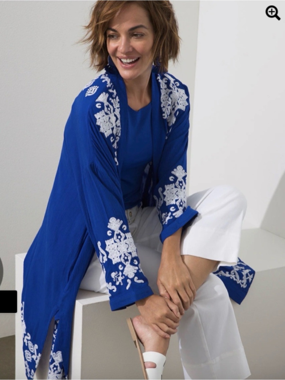 Chico’s Cobalt Blue Embroidered Open Front Kimono Cardigan Topper XL